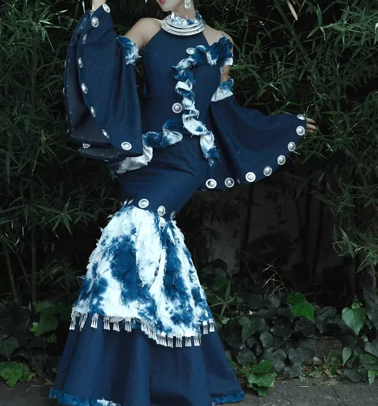 

Chinese Girls Tie Dye Hmong Ethnic Clothing Cheongsam Fishtail Skirt Formal Dress