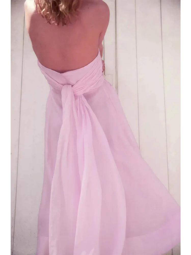 2024 Elegant Pink Off Shoulder Slim Dress For Women Sleeveless High Waist Pleated Vestidos Summer Lady Vacation Party Robes