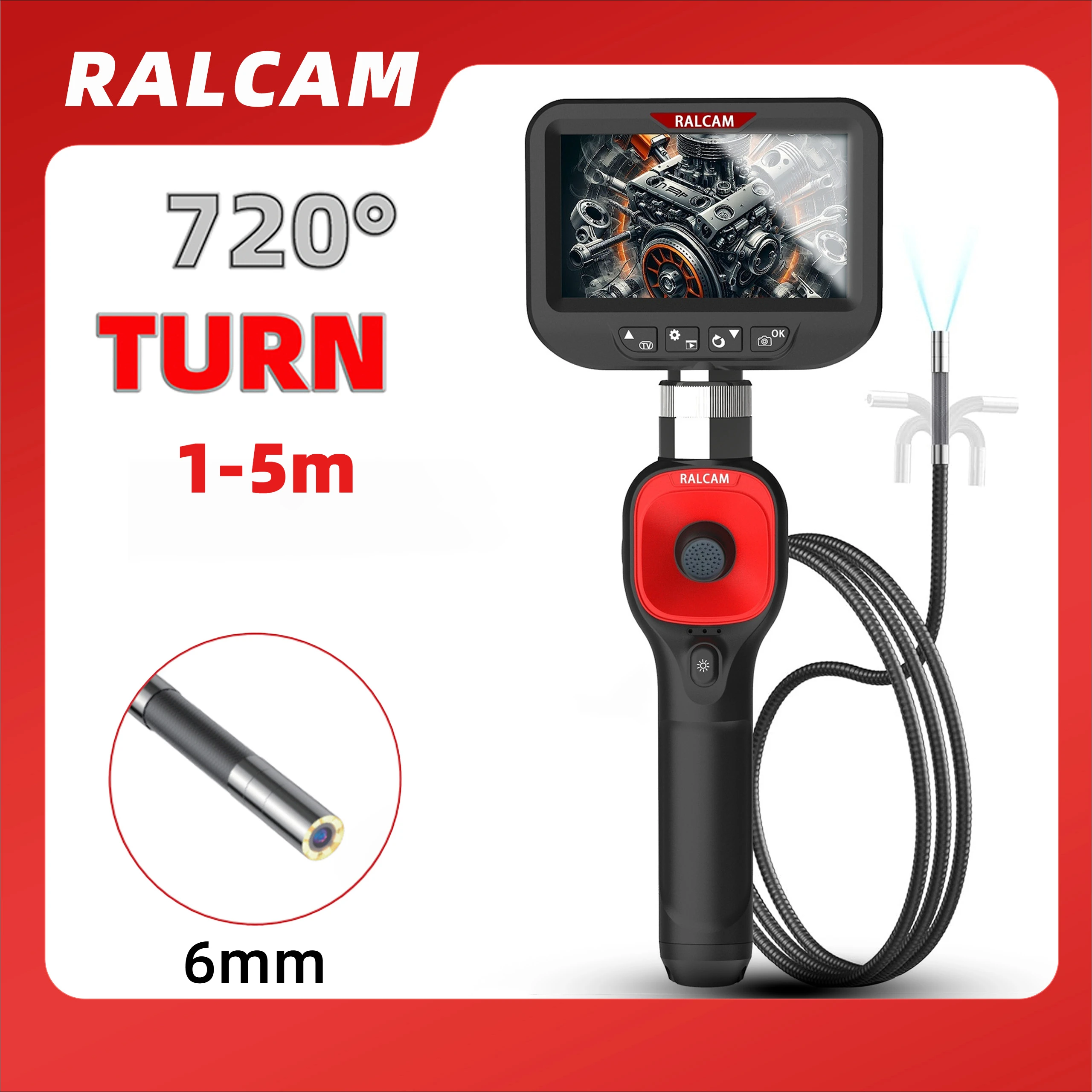 

RALCAM Articulating Borescope 6.2mm 4 Ways IPS Automotive Endoscope Inspection Camera with 6 Adjustable LED Lights