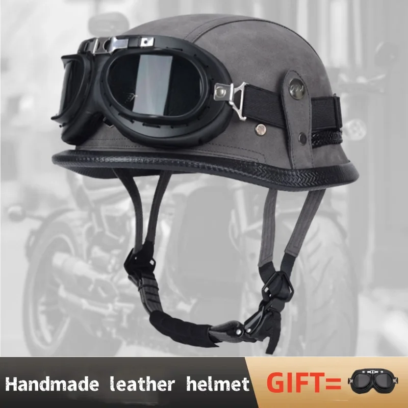 Electric Bike Helmet Soldier Helmet Nostalgic Handmade Leather Retro Half Helmet Summer Sun Protection Complimentary Goggles