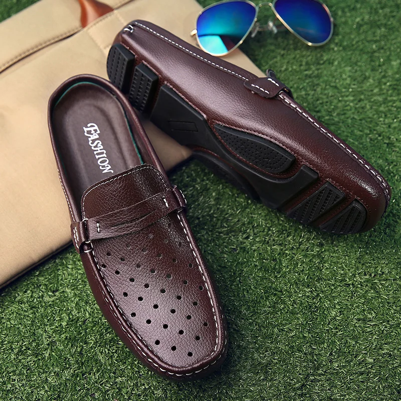 Zomer Half Schoenen Voor Mannen Casual Lederen Loafers Mocassins Man Slipon Rijden Herenschoenen Ademende Holle Slippers