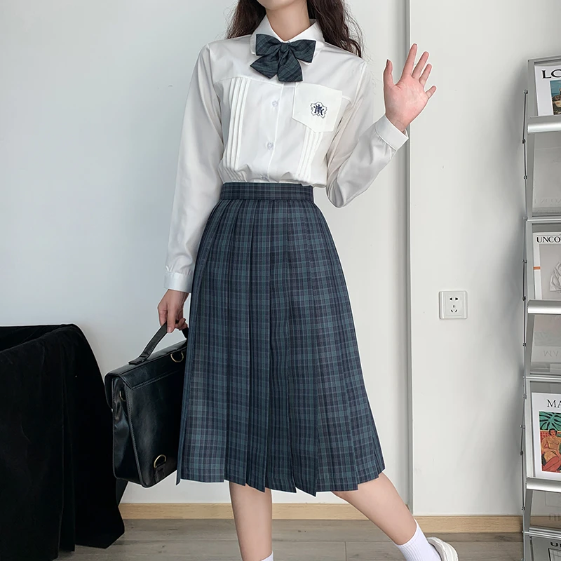 [Sandwich seaweed] School JK Uniform Girls Long Skirt Blackish Green Plaid High Waist Pleated Skirts Summer Women Dress Students