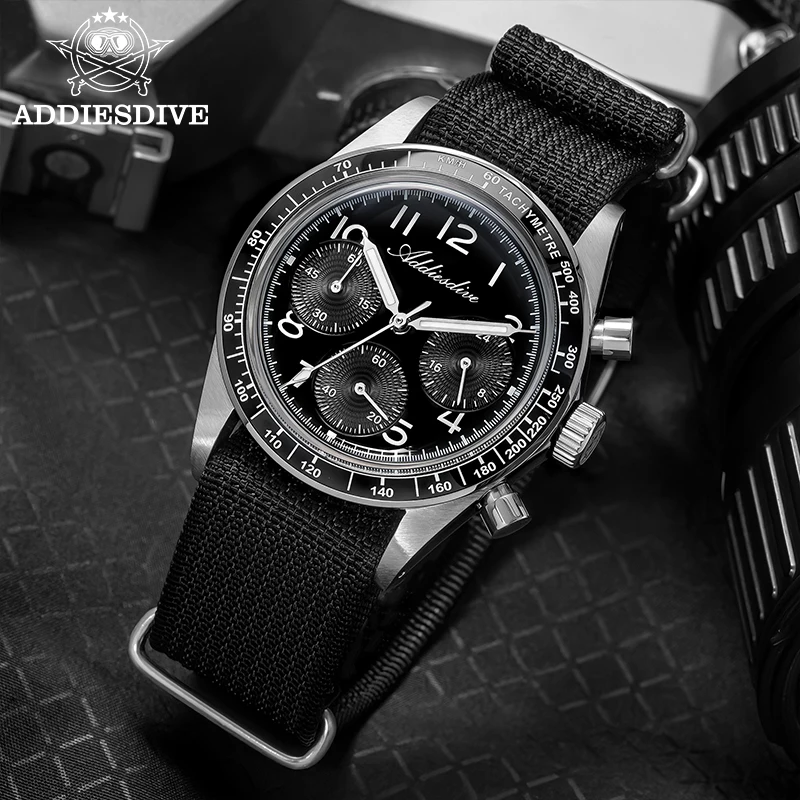 

ADDIESDIVE Chronograph Men Watch New Luxury Ceramic Bezel Domed Glass BGW9 Luminous 100m Waterproof VK63 Quartz Wristwatch Dive