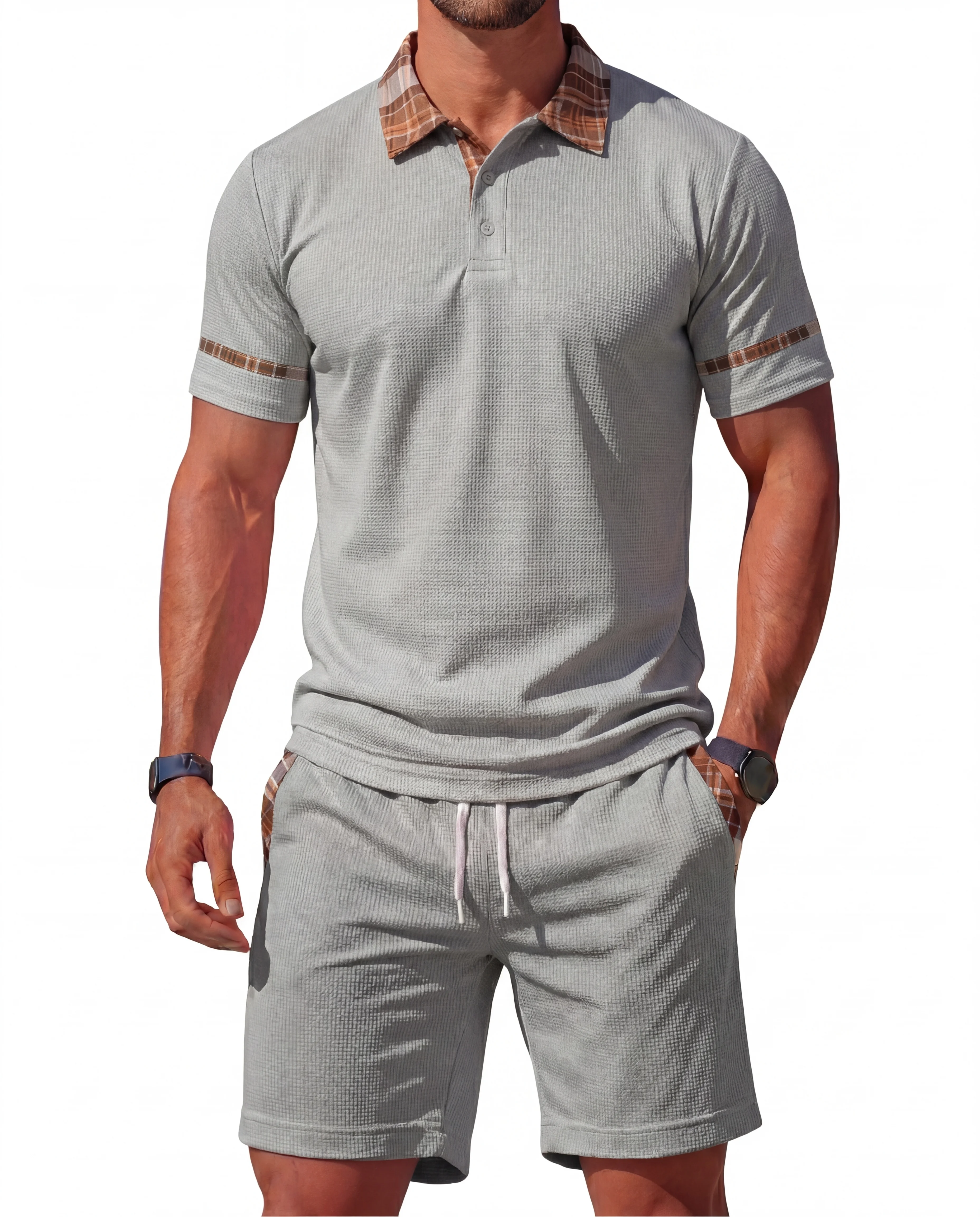 2024European and American Men's Spring and Summer Trends Youth Outdoor Lapel Small Plaid Short Sleeve Shorts Sports Suit