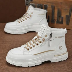 Winter Mens Warm Ankle Boots Fashion Versatile White Leather Shoes Outdoor Non-slip Sneakers for Man Motocycle Snows Boots Botas