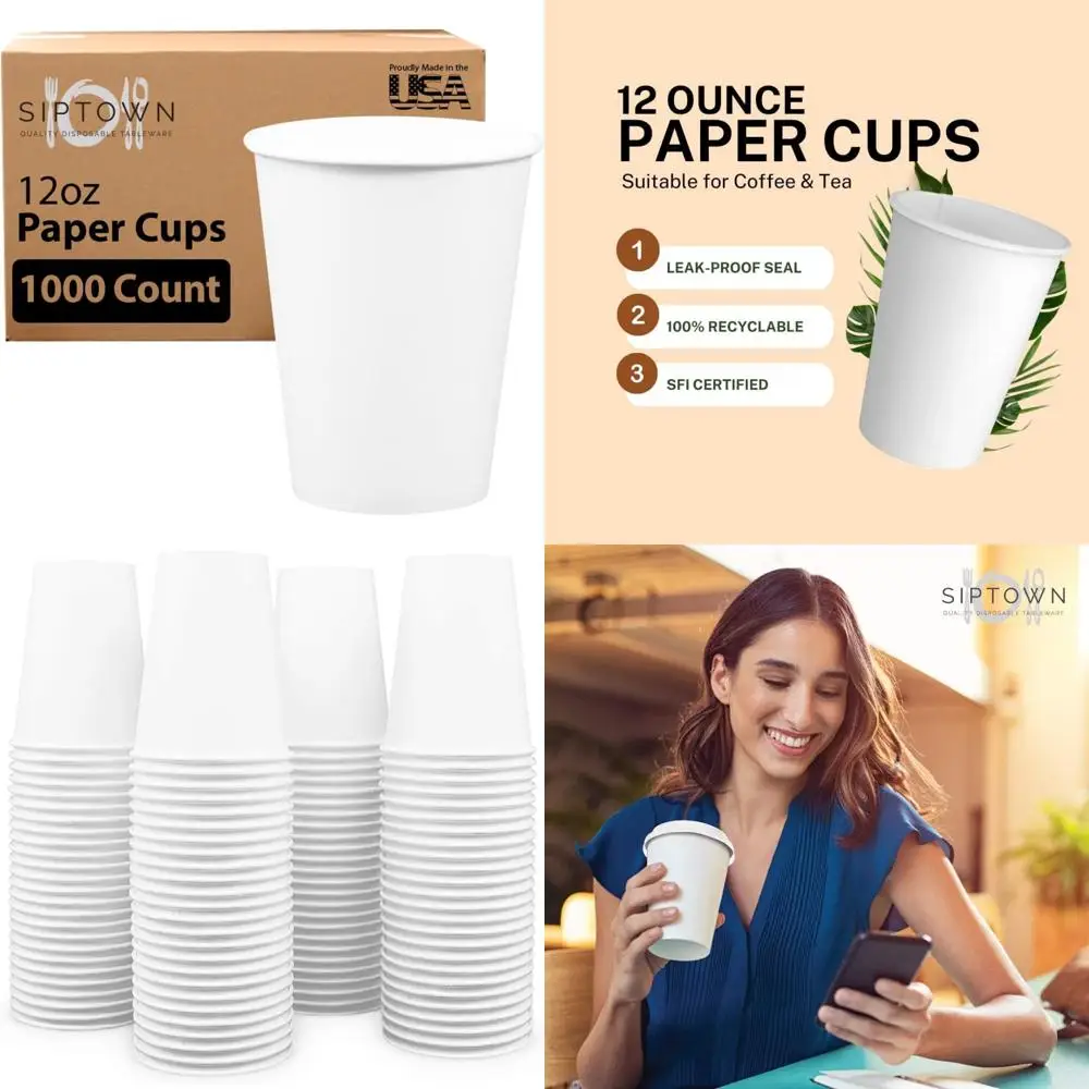 

Одноразовые бумажные стаканчики на 12 унций — упаковка 1000 шт., герметичные, безопасные для пищевых продуктов, белые, идеально подходят для кофе и напитков.