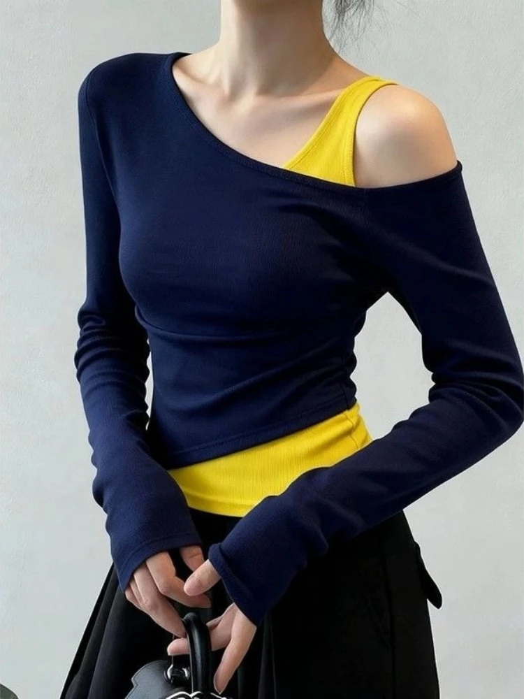 Women Navy Blue Fake Two Piece T Shirt Autumn Cinched Waist Elegant Unique Design Slim Fit Chic Top 2026