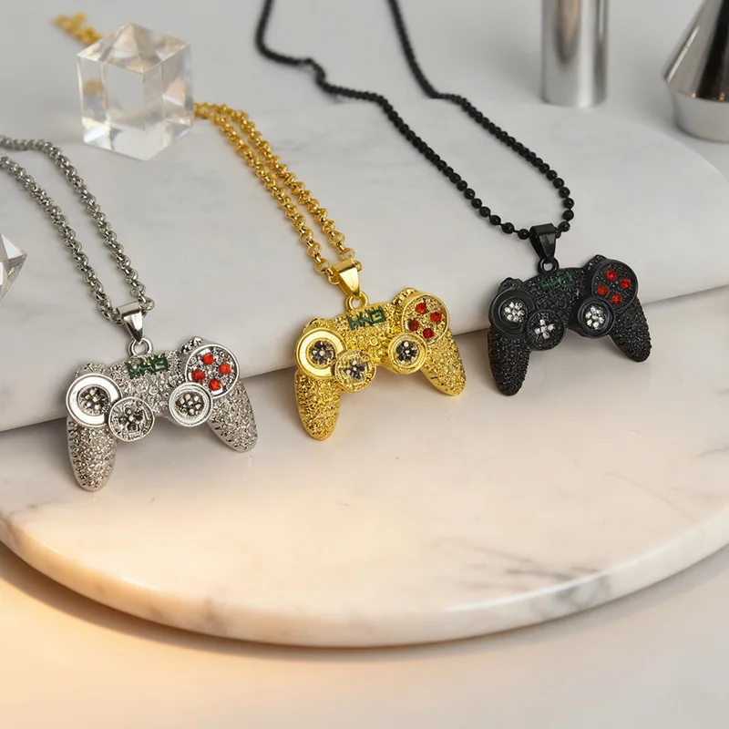 Hip Hop Game Controller Metal Pendant Necklace with Alloy Diamond - Gold, Silver, Black Colors - Gift for Hip Hop Fans & Gamers