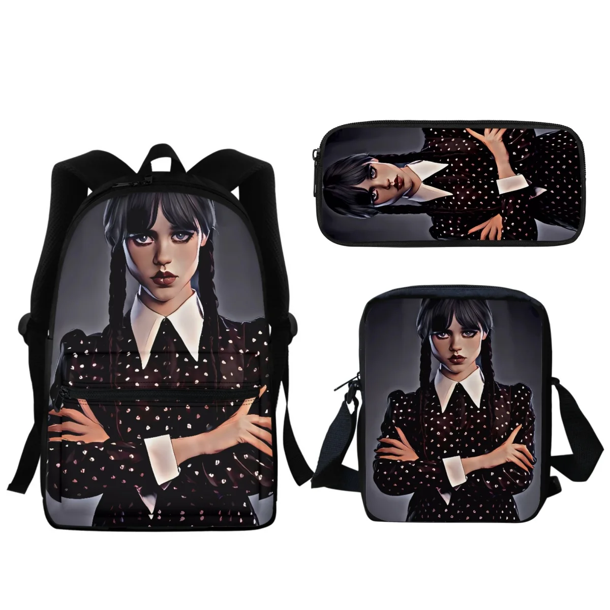 Tas sekolah Anime Rabu Gotik 3 buah/set ritsleting kapasitas besar tas buku kasual siswa remaja tas selempang tas pensil baru