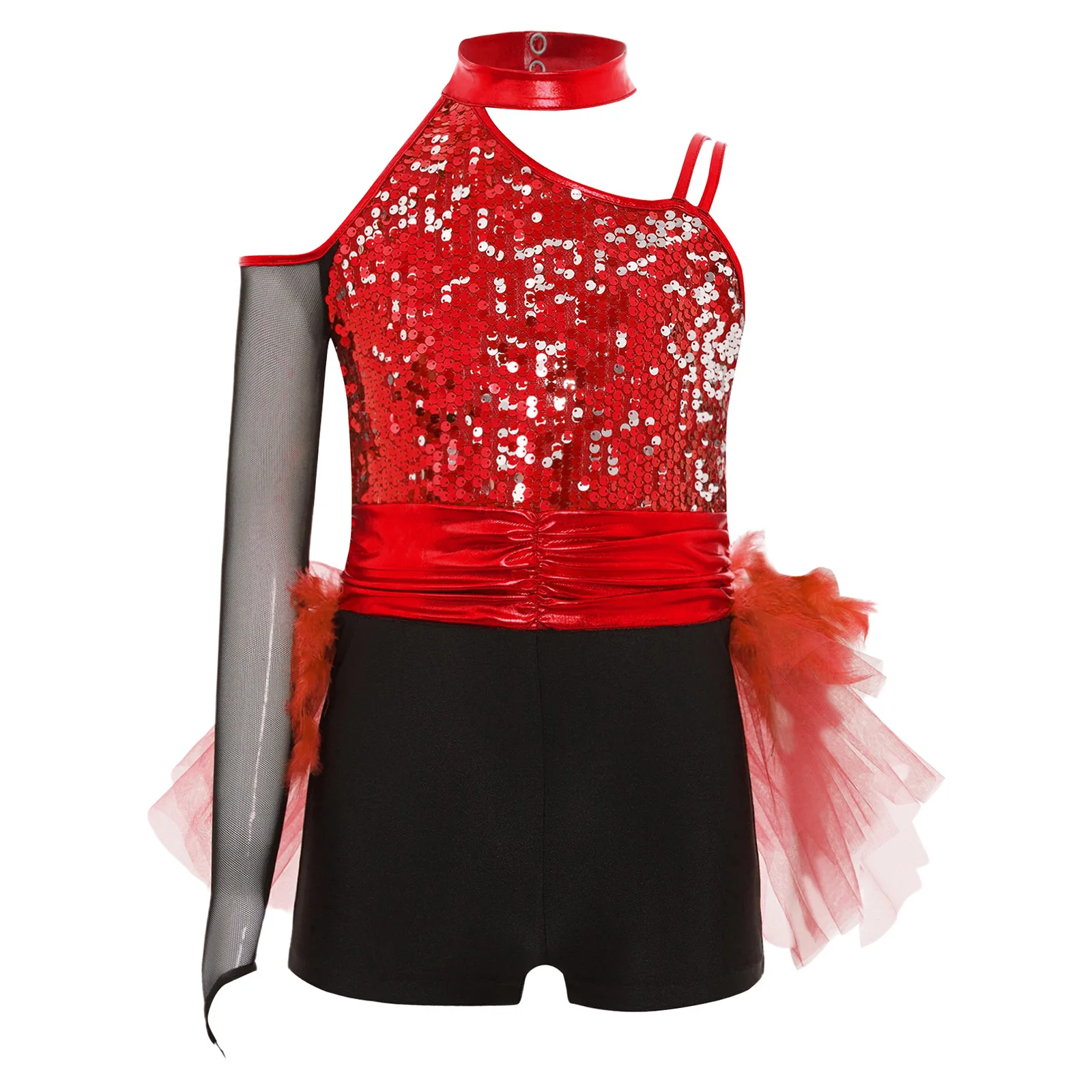 

Girls Jazz Dance Bodysuit Shiny Sequins Bodice Feather Tulle Leotards for Figure Skating Gymnastics Cha-cha Tango Performance