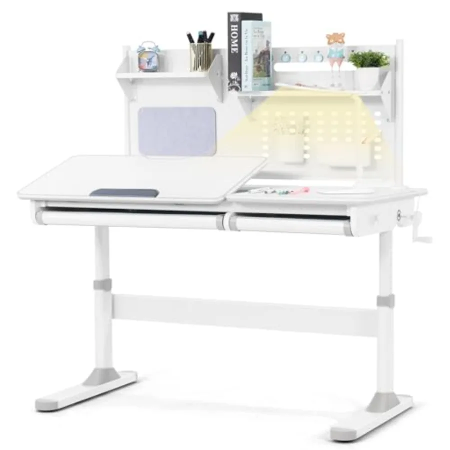 

Desk Large 47 inches Wooden School Study Table with Hutch Two Storage Drawer LED Lamp Tilt Desktop Height Adjustable for Girls