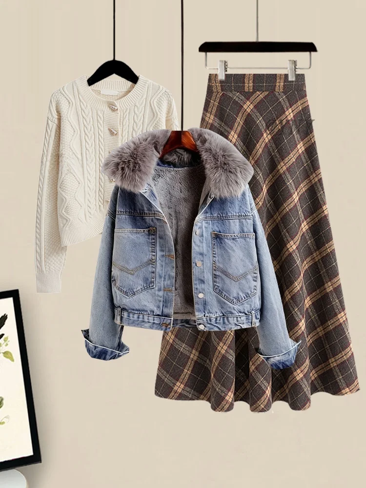 

Thiened Loose Denim Jaet Coat Knitted Sweater Plaid Skirt Tee-piece Set Women's Winter Faion Casual Outfit
