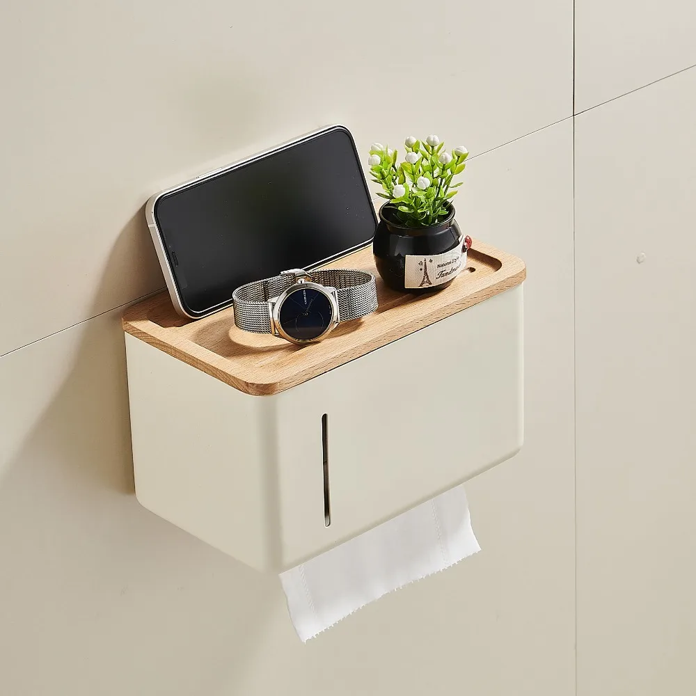 

No Punching Waterproof Toilet Paper Holder Waterproof Design with Cover Wooden Tissue Box Wall Mounted Wooden Material