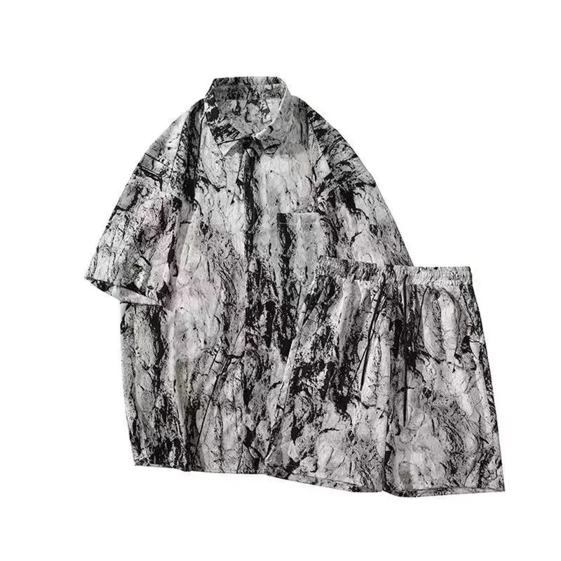 Camisas de seda gelo shorts masculinos ternos esportivos respingo tinta coreano conjunto de duas peças estilo 2025 solto moda manga curta quarto homem conjuntos