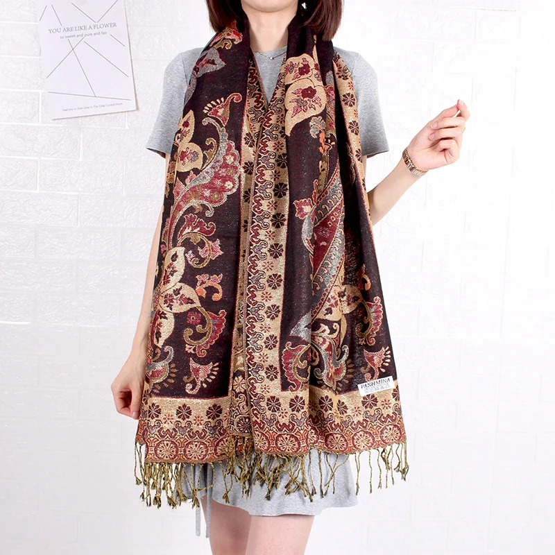 Paisley Pashmina Shawl Scarf Women Jacquard Cashew Printed Scarves Double-side Flowers Borders Female Tassel Blanket Wraps