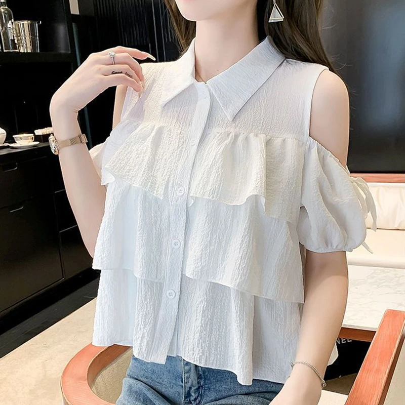 Casual Off Shoulder Ruffles White Shirt for Women Short Sleeve Y2k Clothes Chiffon Blouses Sweet Cute Ladies Summer Crop Tops - view 2