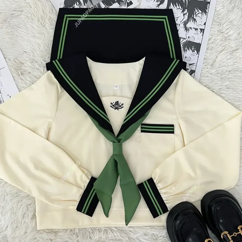 Uniforme scolastica giapponese Ragazza carina Jk Set Cravatta verde Abito da marinaio Set uniforme da donna Autunno e inverno Gioventù a maniche corte lunghe