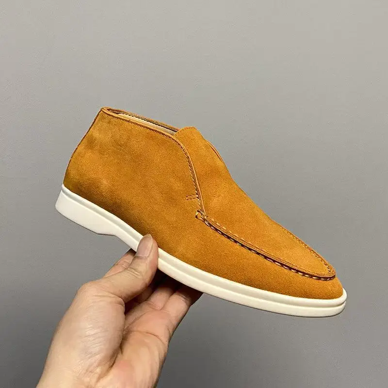 

Men's Suede Leather round Toe Mule Loafers High Top Comfortable Flat Shoes Women's Lazy Boots