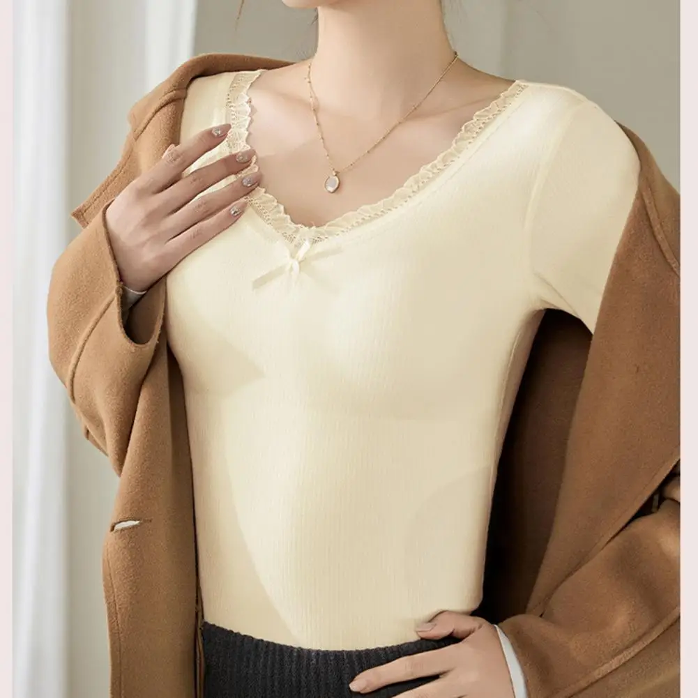 Autumn Winter Women Blouse Bottoming Tops V-Neck Lace Trim Long Sleeve Slim Thermal Top Solid Color Padded Inner Layer Shirt