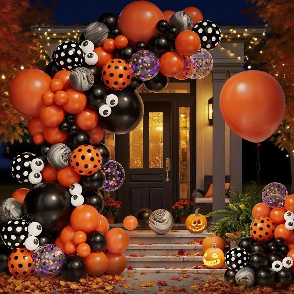 

143pcs Halloween Decoration Balloons Set Black Orange Balloon Colorful Paper Scraps Balloon Eyeball Decor Black Agate Ballon