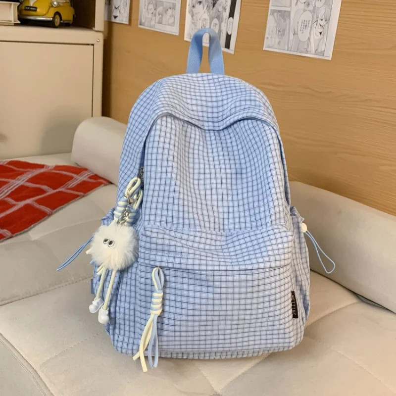

Campus Style Women's Backpack Simple Plaid Large Capacity Casual Travel Double Shoulder Bag Nylon Material Fresh Sweet Style