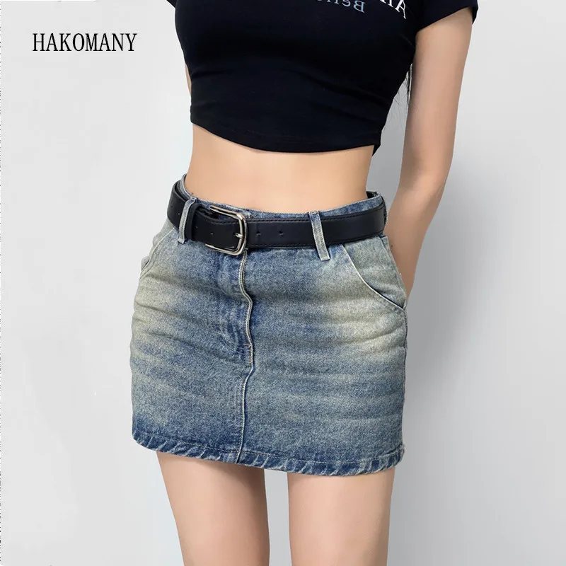 

2023 Sexy Package Hips Mini Skater Summer With Belt Washing Blue Low Waist Denim Skirt With Shorts Bottom