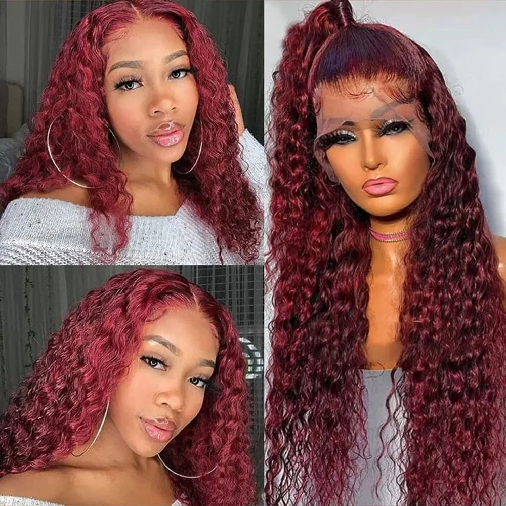 Burgundy Wig 13x4 Deep Wave Synthetic Lace Front Wig, Pre-Plucked Transparent Lace Frontal, Red Colored Curly Wig for Women, Natural Looking, Glueless Easy Install, Heat-Resistant Fiber for Daily Wear, Parties & Special Occasions