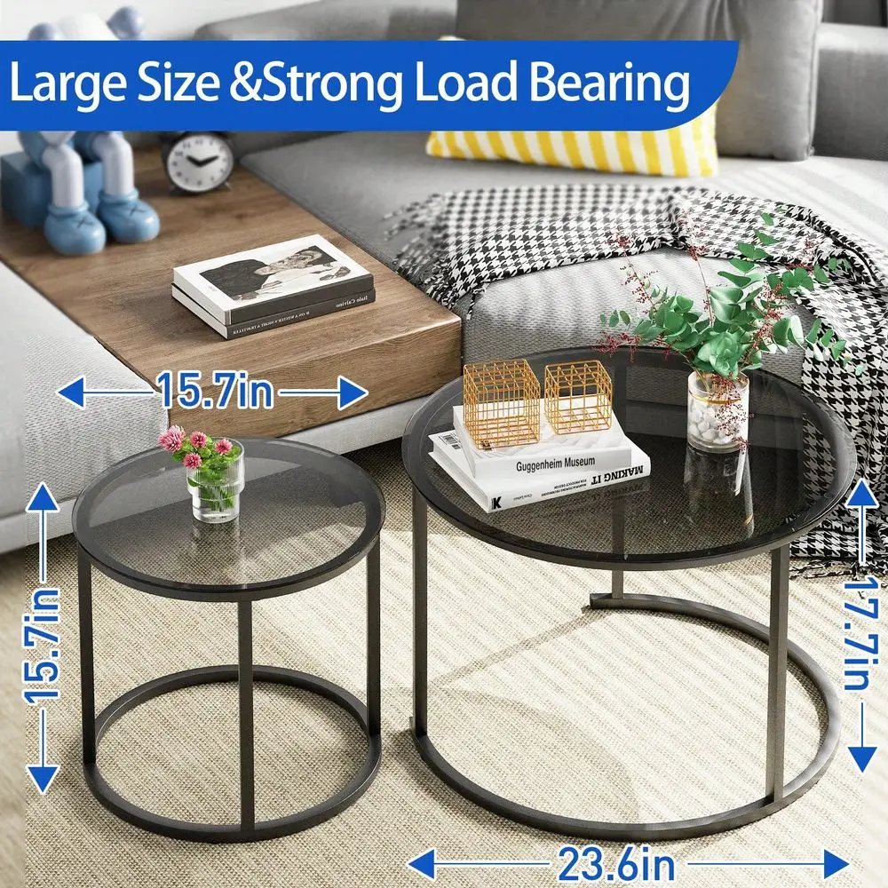Nesting Coffee Table Set Of 2, Small Round Glass Nesting Tables For Living Room Bedroom, Accent Tea Table With Gold Metal Frame