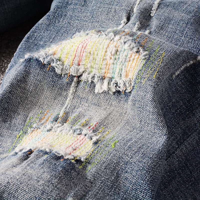 Newly Summer Fashion Men Jeans Retro Blue Embroidery Designer Short Ripped Jeans Homme Vintage Patchwork Casual Denim Shorts Men