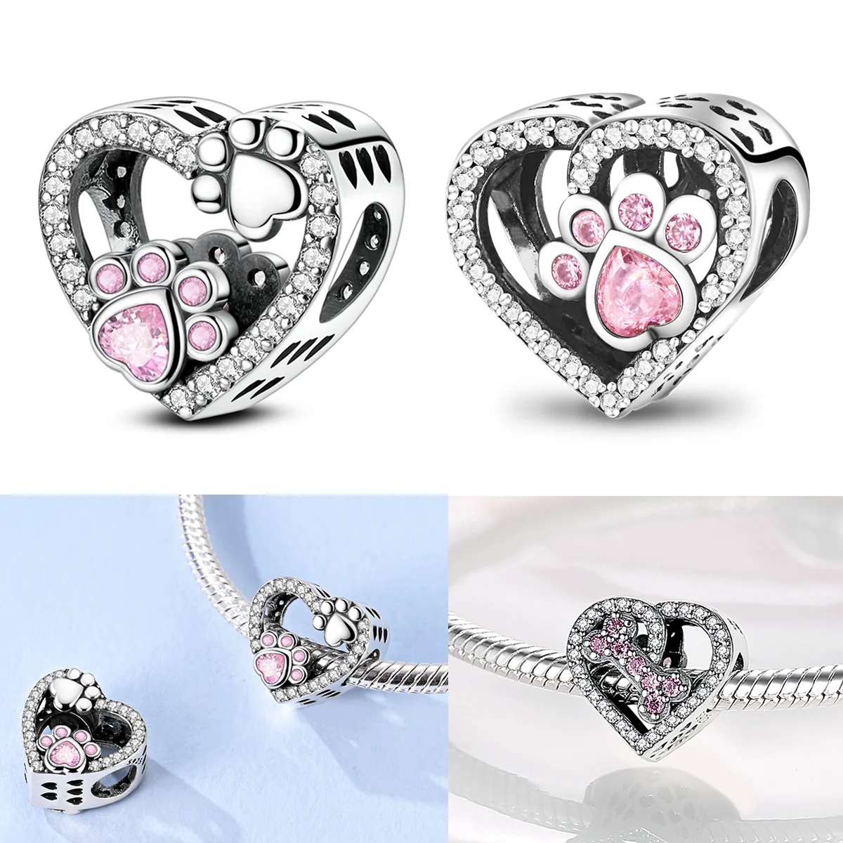 925 Sterling Silver Charms Bead CZ Zircon Love Heart Paw Print Dangle Fit Original Bracelet Women Lover DIY Jewelry Gifts