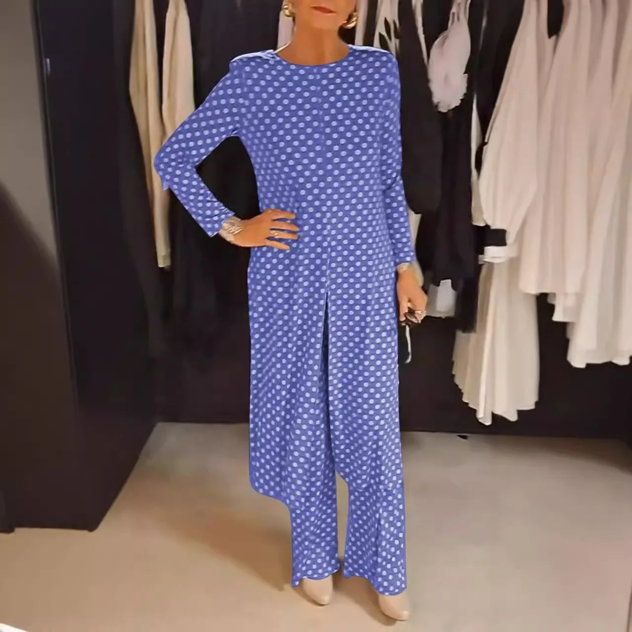 Autumn o neck polka dot print set for women fashion slit long top + wide leg pants 2-piece suit casual office ladies clothes