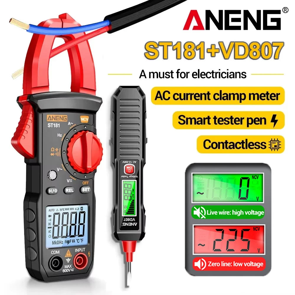 

ANENG Clamp Meter Multimeter Electrician Kit ST181+VD807 Voltage Tester Pen 12V-300V AC Voltage Detector Car Amp Hz Cap NCV Tool