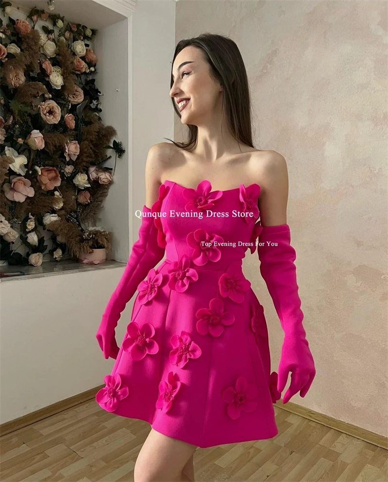 Qunque Mini Fuchsia Cocktail Dress Vestidos De Fiesta Luxury Flowers Sleeveless Beach Party Dresses Homecoming Gowns Customized