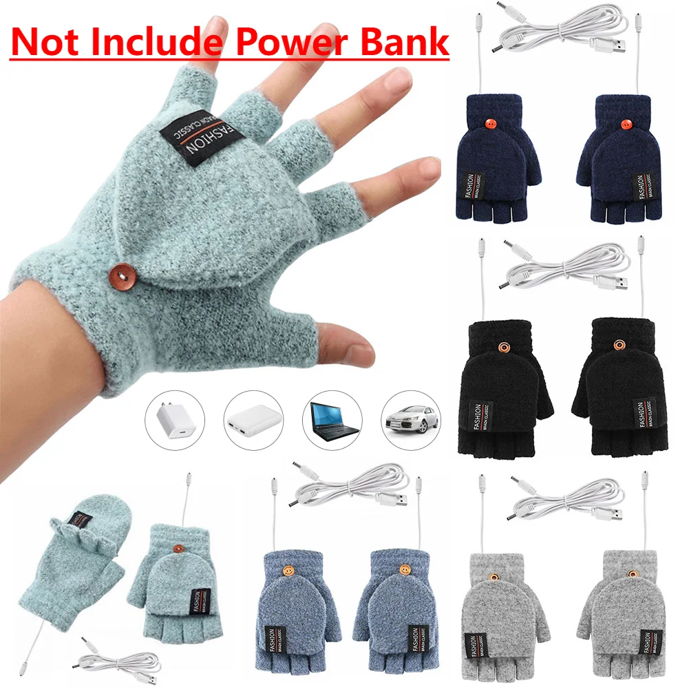 USB Electric Heated Gloves Adjustable Temperature Rechargable Mittens Washable Fingerless Hands Warmer Touchscreen Winter Warmer