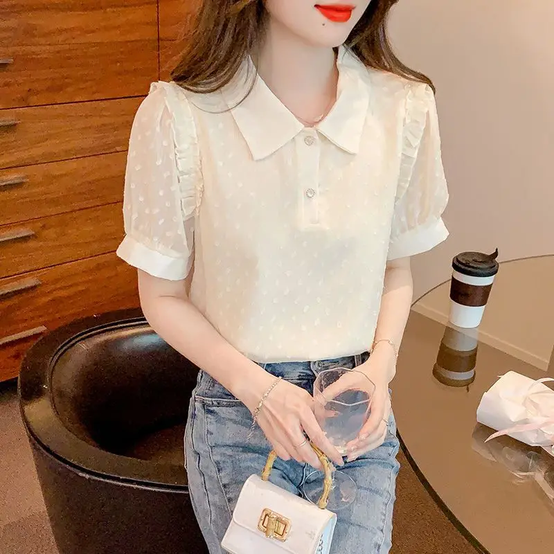 Women\'s Summer New Shirt Korean Commute Spliced Editable Tree Fungus Polo Neck Button Solid Short Sleeve Pullover Chiffon Blouse