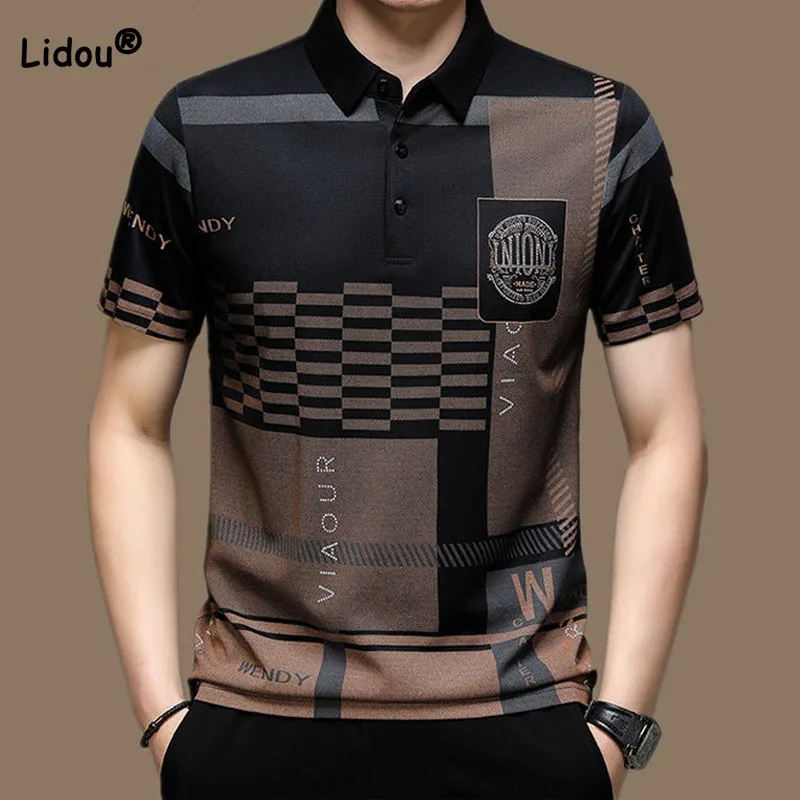 Summer Business Office Casual Short Sleeve Polo-Neck T-shirt 2023 Fashion Male Clothes Korean Trend Printed Spliced Men\'s Tops