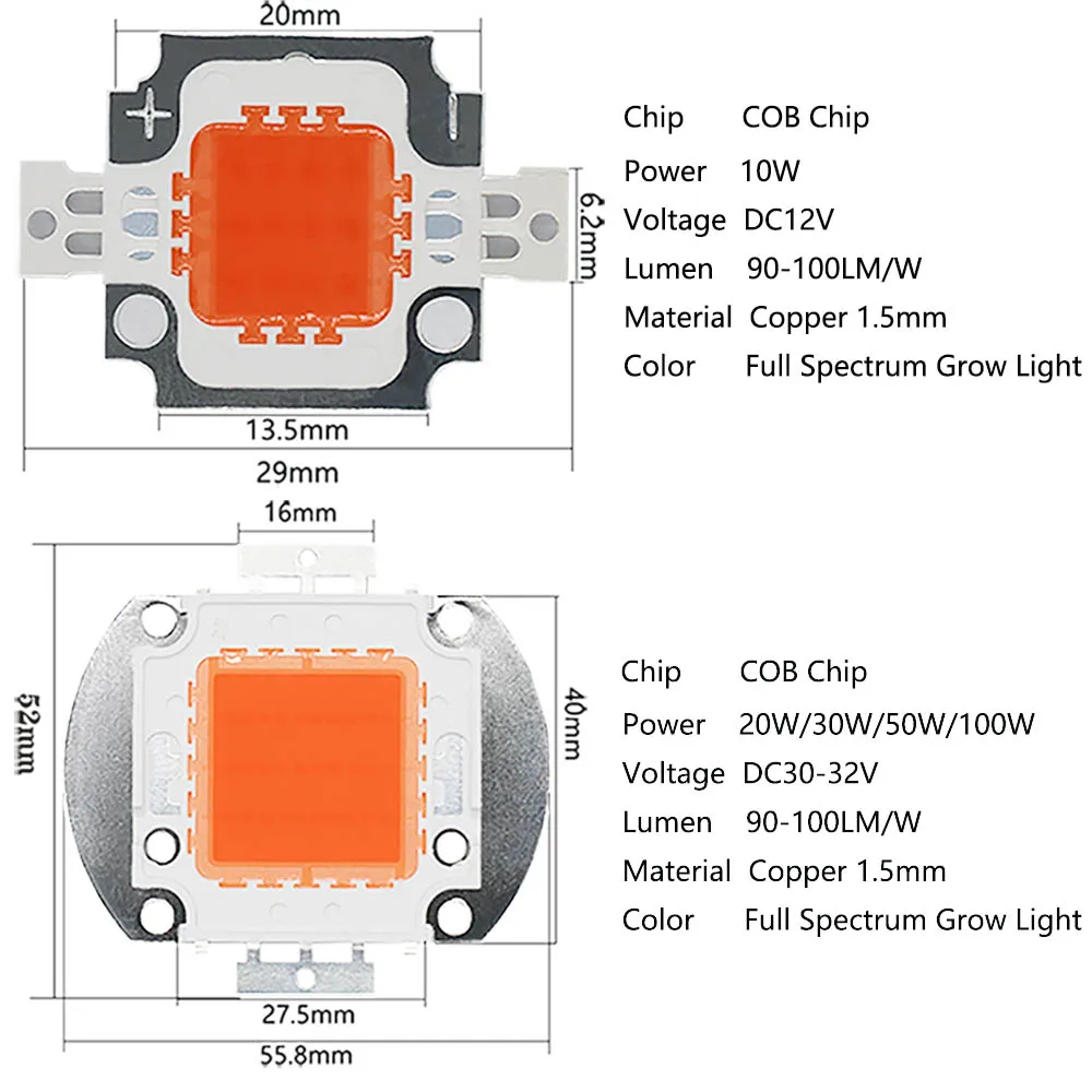 LED Chip 10W 20W 30W 50W 100W High Power DC12V 30-32V Integrated Matrix Diode Full Spectrum Grow For Light Plant Lamp Bead DIY