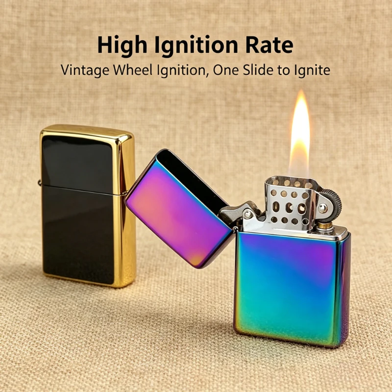 

New Slim Old-Fashioned Portable Lighter | Classic Grinding Wheel Open Flame Windproof Design for Camping & Daily Cigarette Use