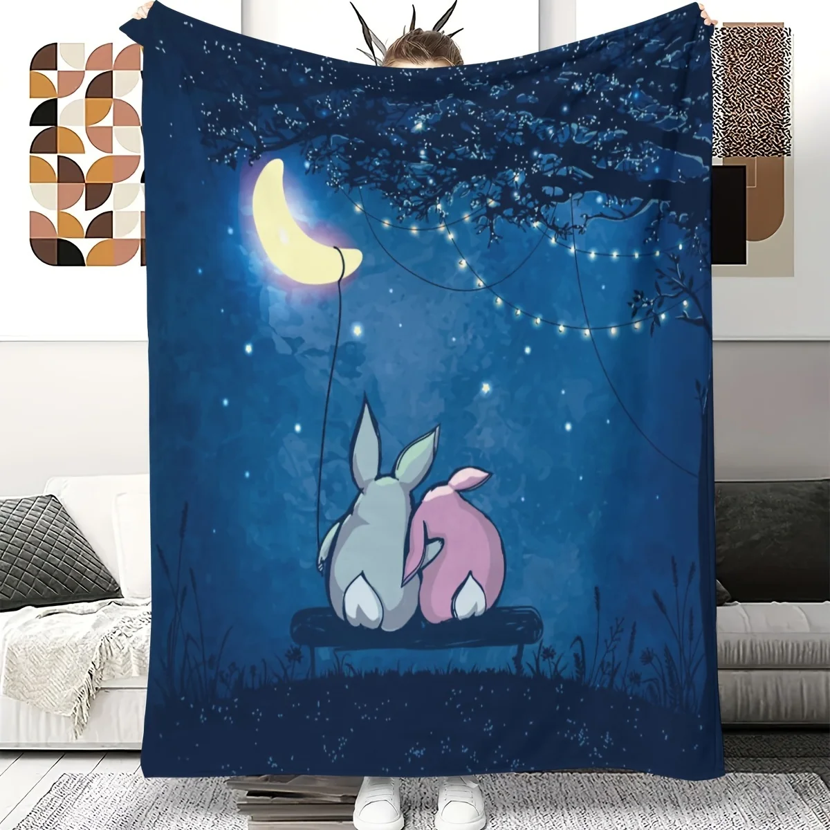 Custom Rabbit Moon Blanket Night Sky Stars Design Personalized Name Fleece Throw All Season Soft Warm Bedding Home Decor Gift