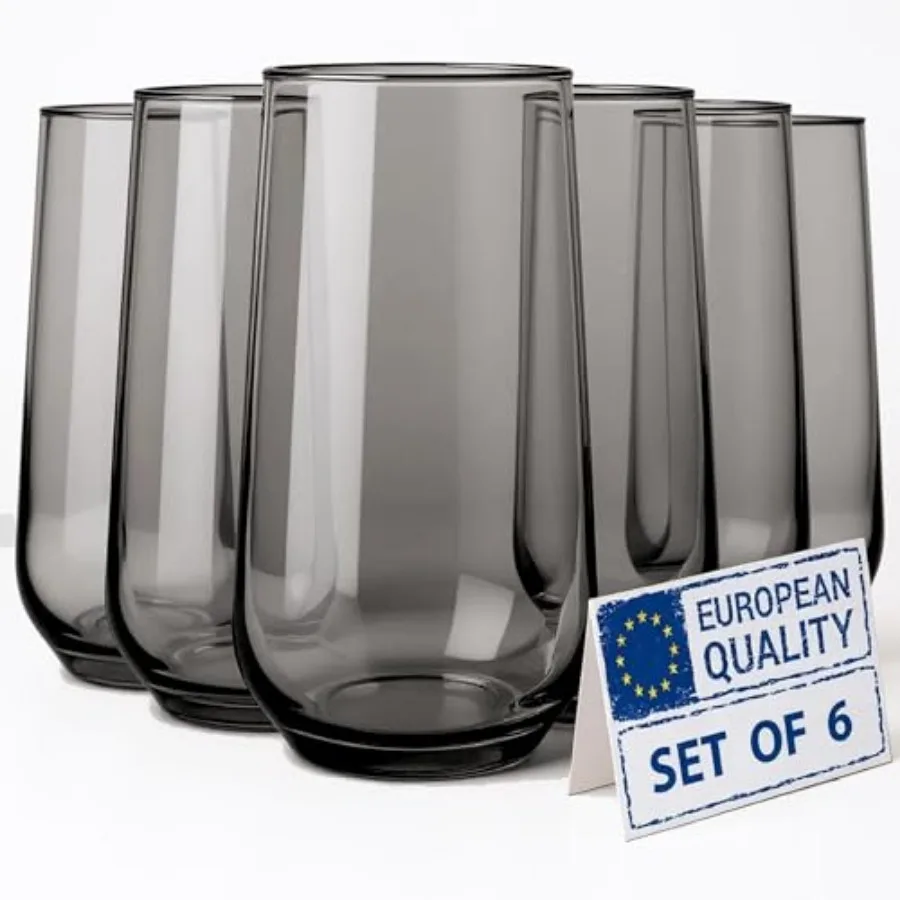 

Grey Drinking Glasses Set of 6 Translucent Black Glassware 16 oz Smoked Grey Glass Cups Highball Drinkware for Cocktails Long D