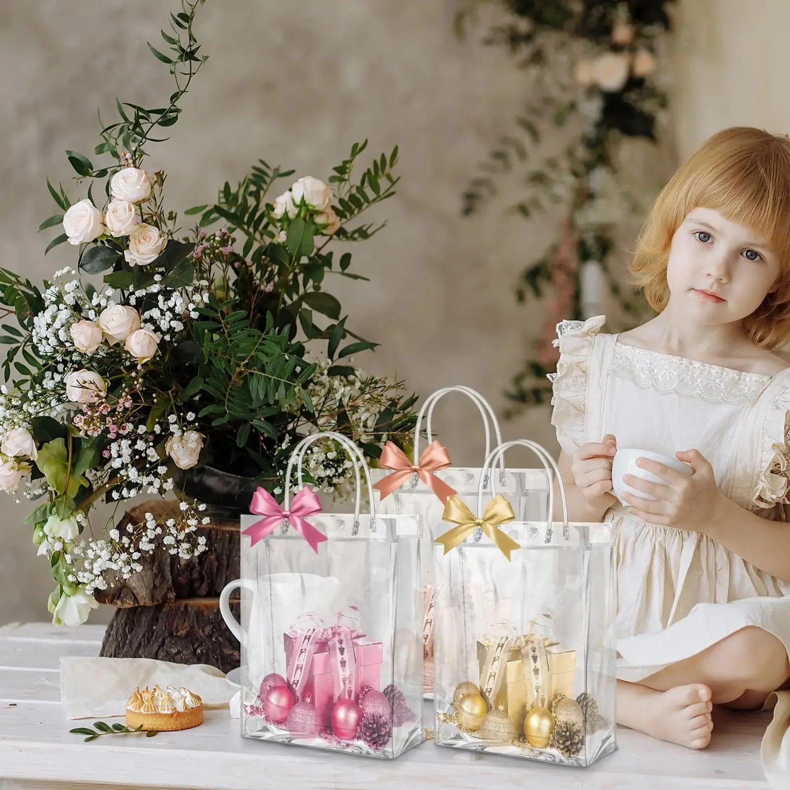10–100 Stück durchsichtige Geschenktüten aus Kunststoff mit Griff, transparente Geschenktüte, wiederverwendbare Einkaufstasche, PVC-Goodie-Taschen für Hochzeits-Partyzubehör – Detail 3