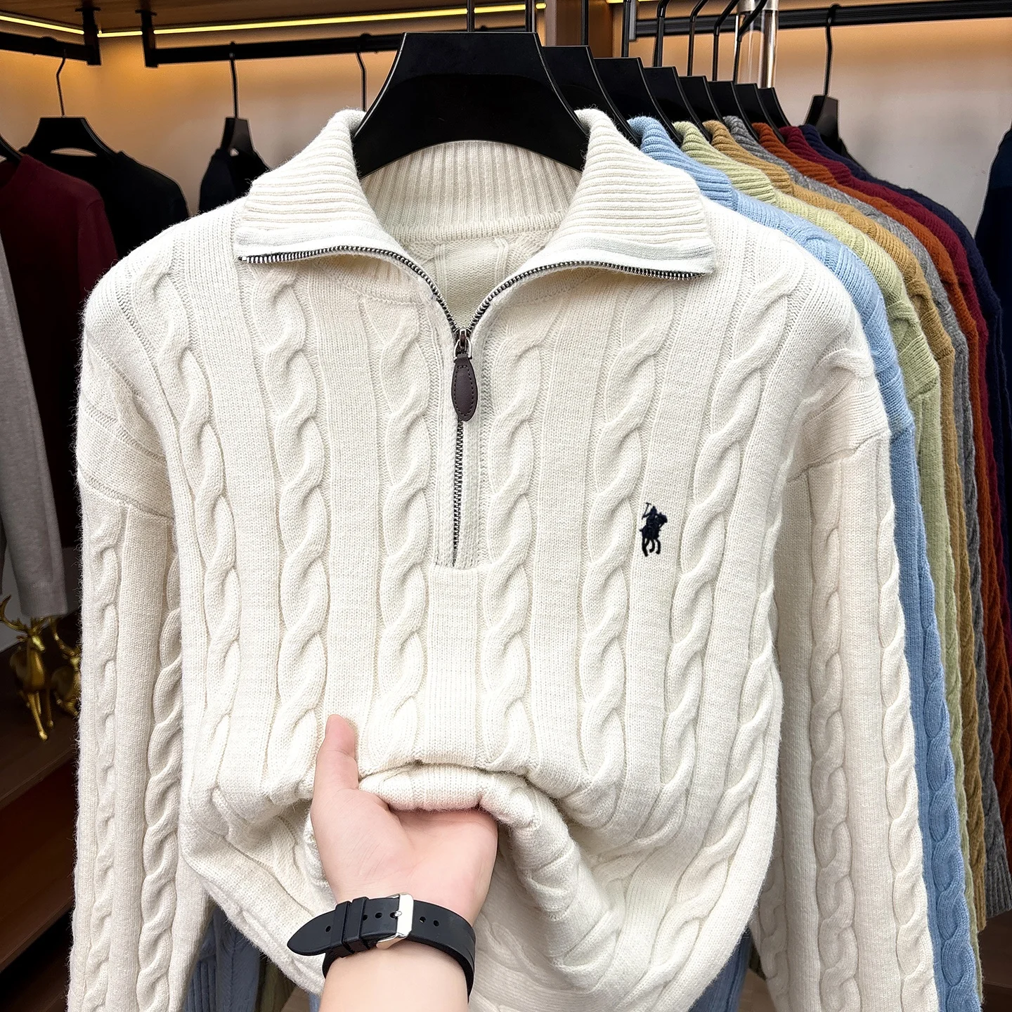 Mode Hochwertige Pullover Männer Luxusmarke Klassischer Stil Paul Pony Stickerei Winter Vintage Neue Dicke Warmwarmabdeckung Reißverschluss Kragen Stricken Sweater – Detail 6