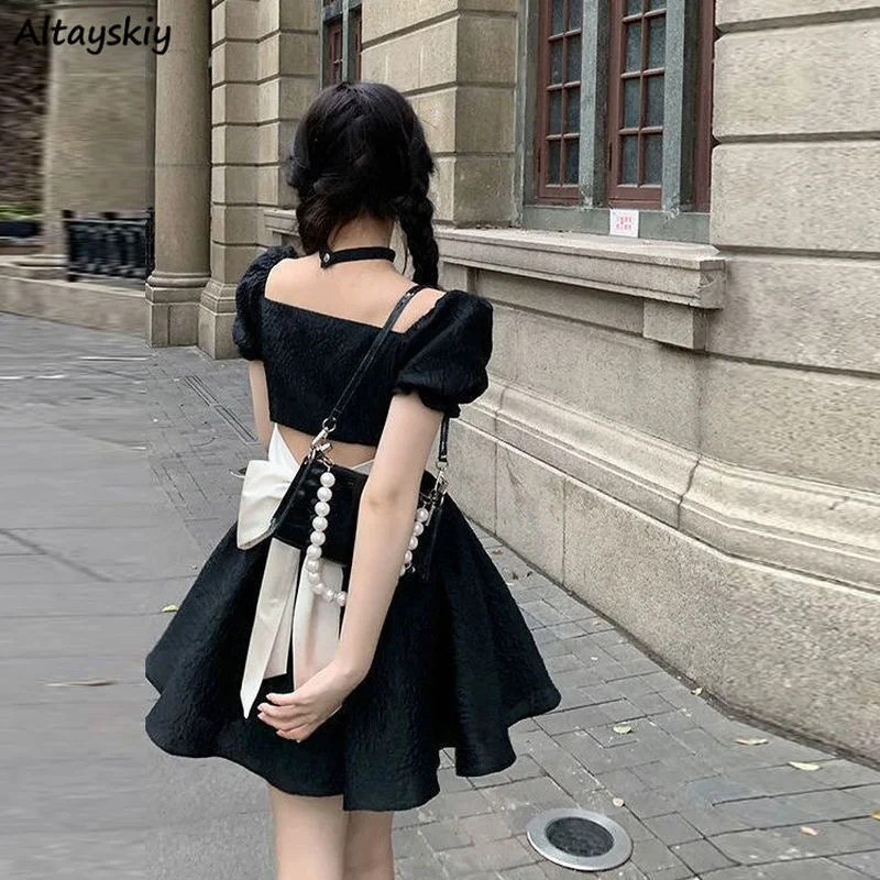 Mini Dress Women Vintage Summer Vacation Street Style Chic Square Collar Ladies Sundress Slim Ins Party Vestidos Backless Black