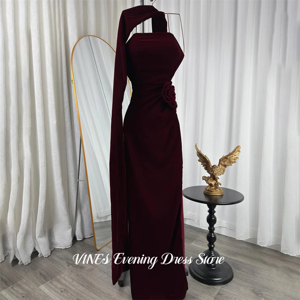 

VINES Burgundy Velvet Party Dress with 3D Floral Evening Dress Draped Neck Sash فساتين السهرة Gala Dress Customized