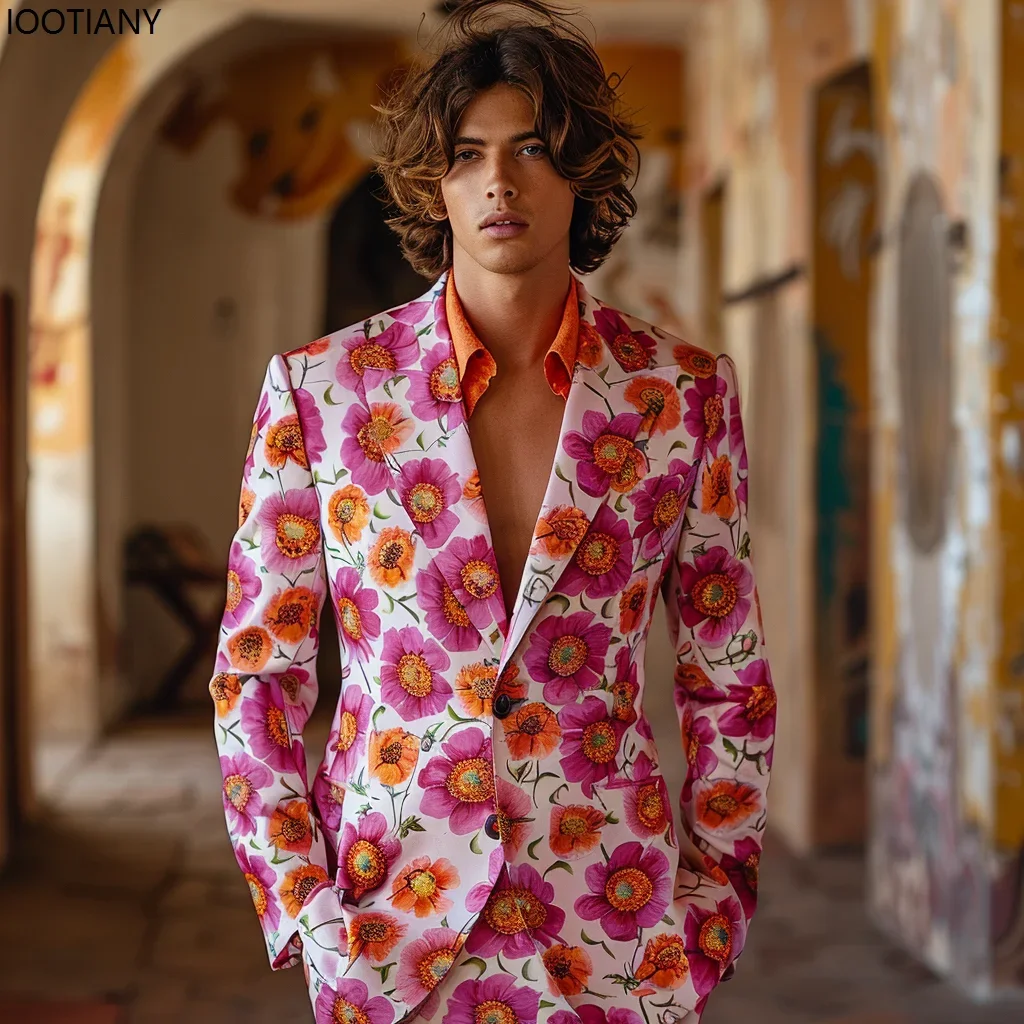 

CosplayMen Colorful Flower Print Tailored Suit Casual Vintage Sunflower Daisy Floral Blazer Pant Party Dress Shiny Cool Showing
