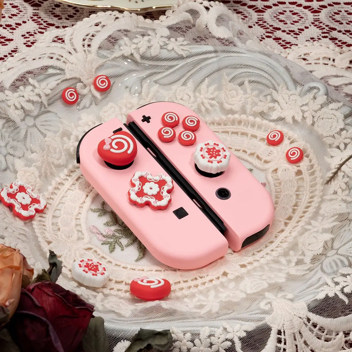 Doce framboesa silicone macio dpad botão cruz abxy chave adesivo caso de pele para interruptor oled ns joy-con polegar vara aperto tampa capa