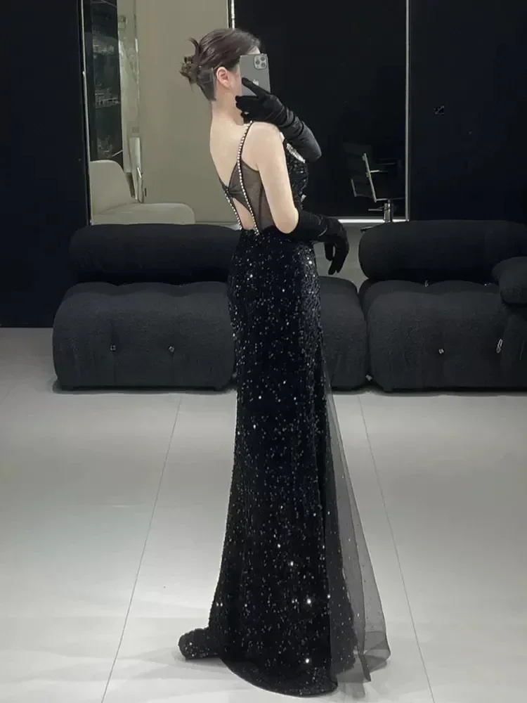 Customized  Black Mermaid Evening Dress Sexy Slim Sequins Beading Glittering Fishtail Prom Party Gowns Vestidos De Fiesta