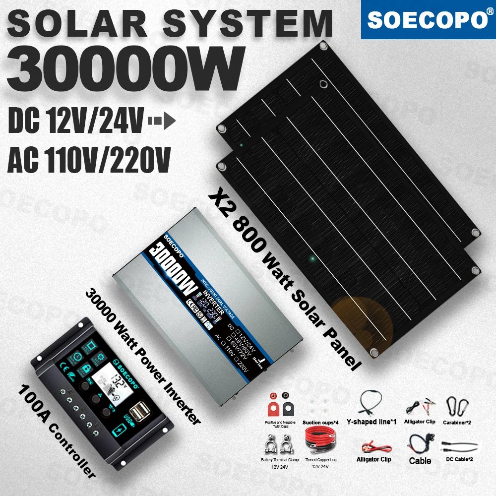 Durable SOECOPO 30000W High-Efficiency Solar Kit 2×800W Bendable Panel 100A Power Inverter for Sensitive Electronics Boat farm