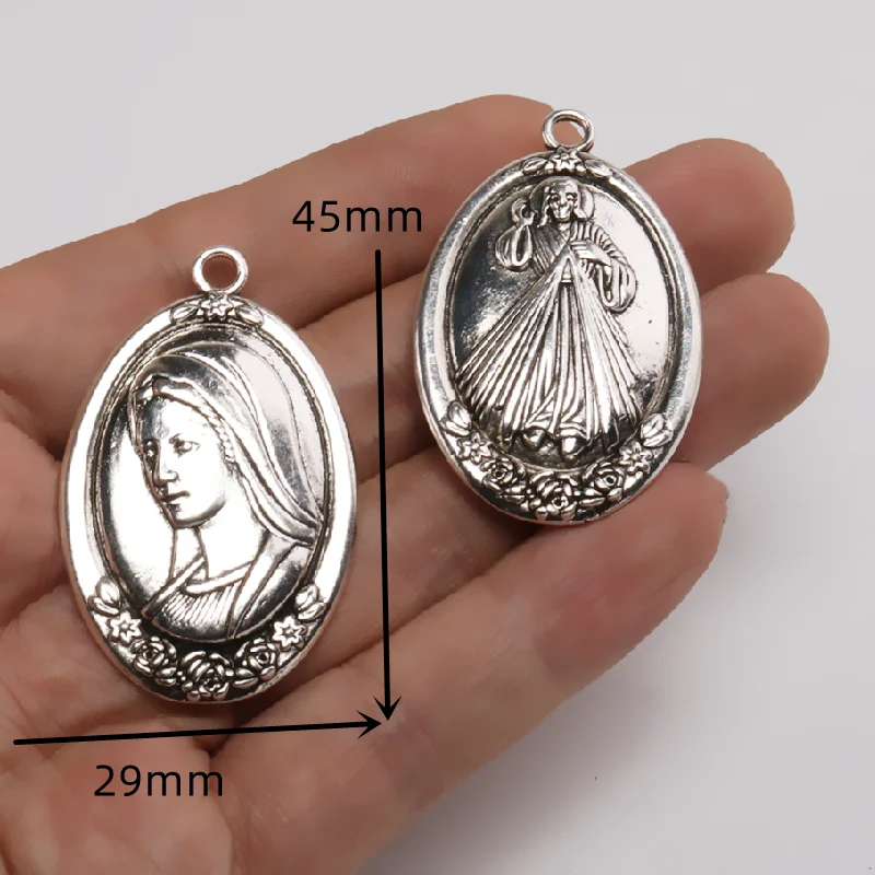 2pcs Silver Plated Large Catholic Virgin Mary Alloy Pendant DIY Charms Necklace Key Chain Jewelry Crafts Metal Accessories P1609