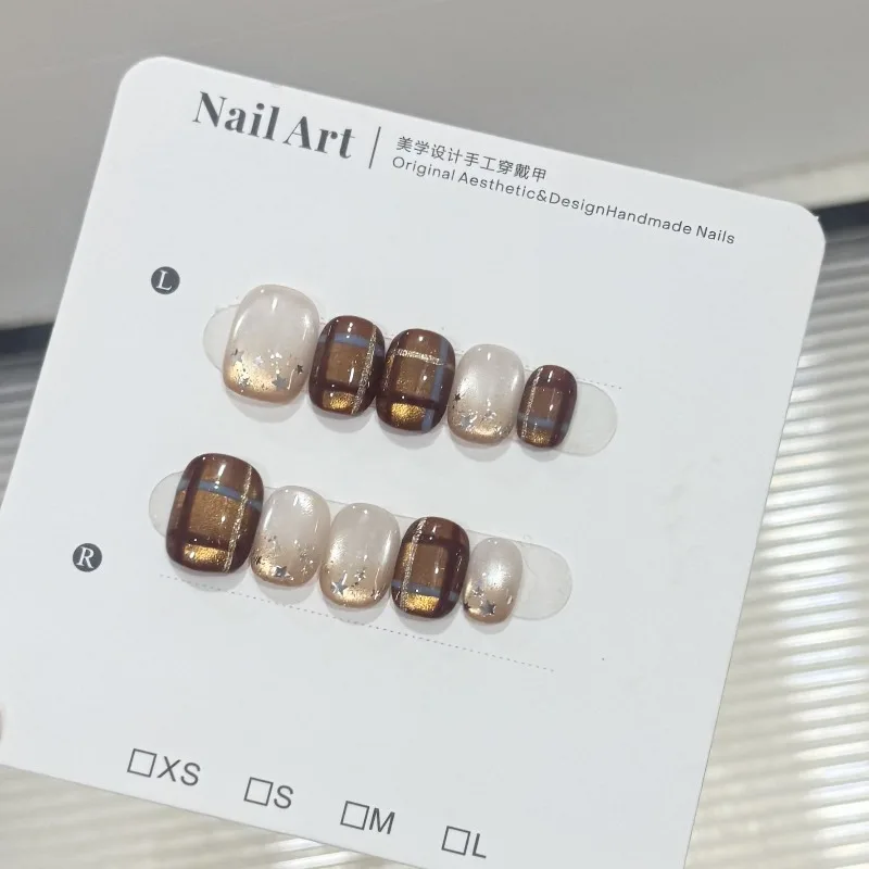 10Pcs Press-On Handmade Nails Fall/Winter Caramel Blue-Brown Checkered Pattern with Cat-Eye Silver Stars and Fine Glitter